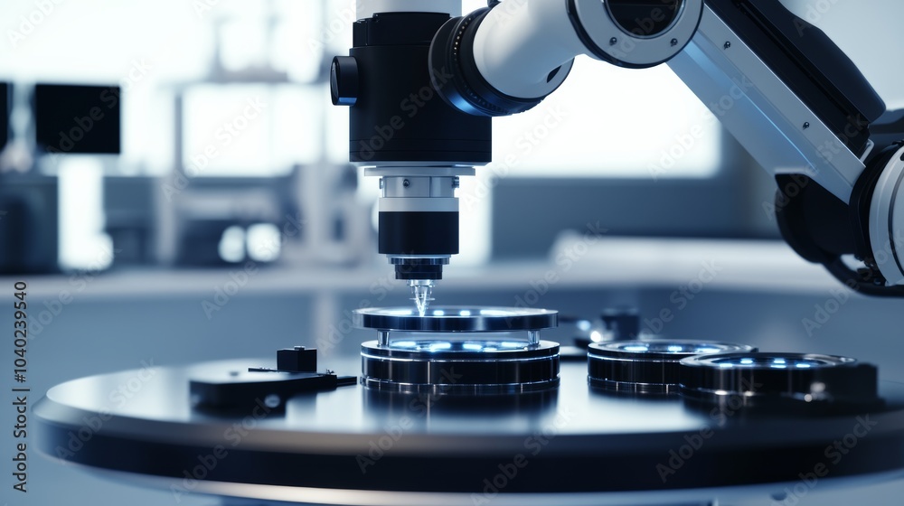 Poster A robot performing high-precision assembly of optical lenses in a clean and sophisticated optics lab, high-tech and detailed environment, Optics-tech style