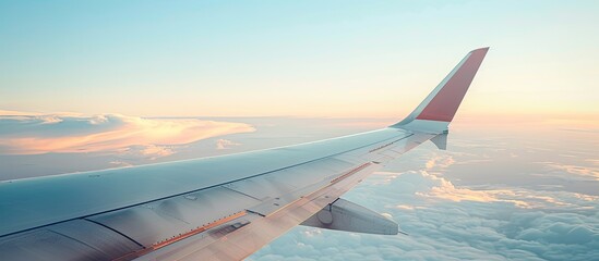 Clear sky provides a scenic backdrop for an airplane wing in a captivating copy space image