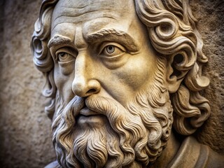 Obraz premium Serene Philosopher's Face in Charcoal: Epictetus Stone Carving with Blind Eyes and Rim Lighting for Documentary