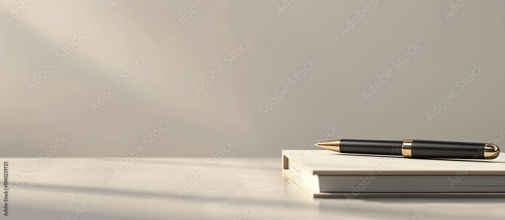 Poster a pen and notebook neatly placed on the table ready for text copy space image