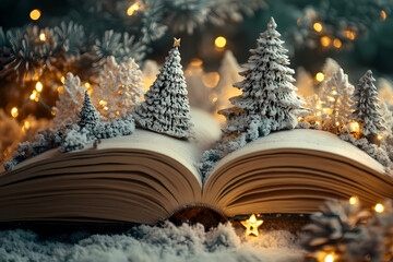 A 3D image of a large open book, with pages artistically unfolding into a Christmas landscape