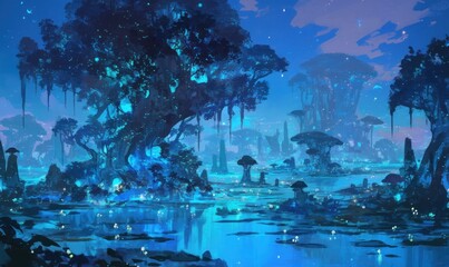 Obraz premium Mystical Blue Forest and River at Night