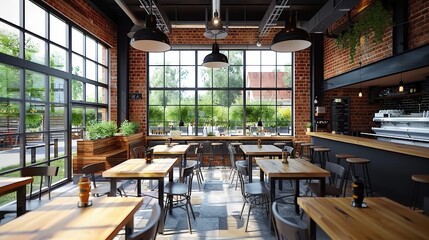 Cozy urban cafe interior bathed in natural light with wooden furniture, large windows, and inviting decor creating a warm atmosphere for relaxation and enjoyment