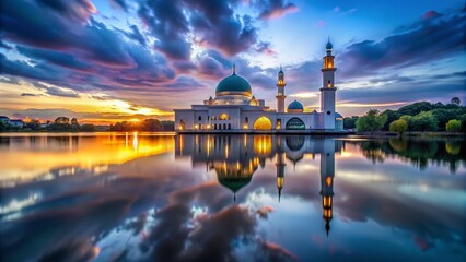 Fototapeta premium Serene Reflection of Assalam Mosque at Blue Hour with Soft Focus and Motion Blur