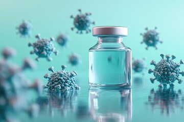Vaccine vial surrounded by stylized representations of viruses in a clinical setting