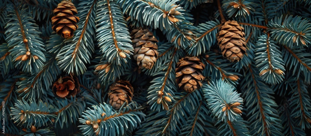 Wall mural close up of spruce branches with cones providing a vibrant copy space image