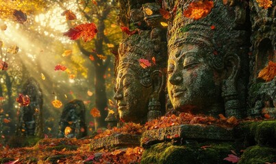 Fototapeta premium Ancient Statues in Autumnal Forest Light