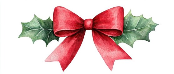 a cheerful Christmas bow clipart, holly leaf accent, watercolor illustration, bright red and green, isolated on white background