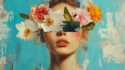 Fototapeta na wymiar Abstract contemporary art collage portrait of young woman with flowers on face hides her eyes, oil painting 