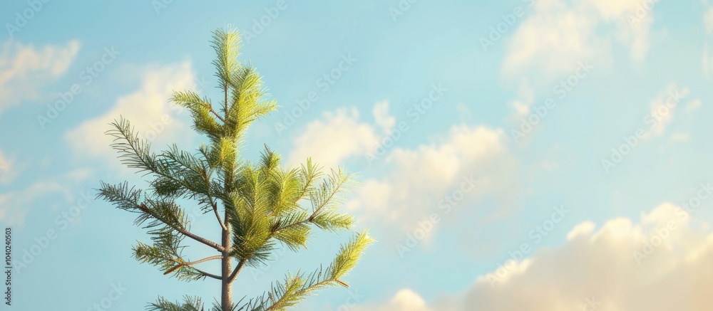 Canvas Prints in early spring a young pine tree with fresh needles stands against the sky with copy space image