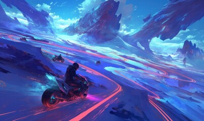 Futuristic Motorbike Race in Neon-Lit Mountains