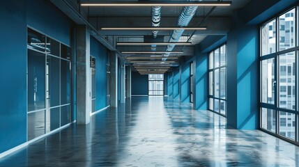 Fototapeta premium Empty Blue Office Corridor with Large Windows and Reflective Floor