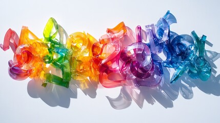 Vibrant, colorful inscription crafted from clear plastic, capturing attention from above with its luminous design.
