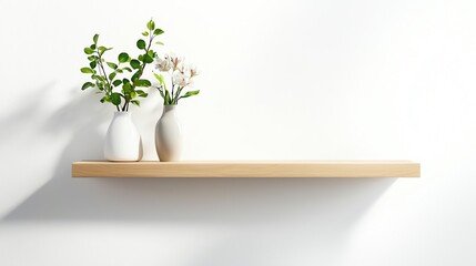 Minimalist shelf decor with vases and greenery, white isolate background.