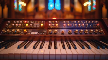 A vintage analog synthesizer with multiple knobs and switches is set inside a beautifully lit church, with blurred stained glass windows in the background