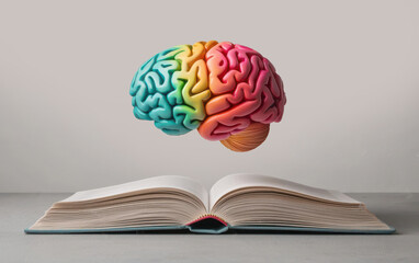 An open book with a bright, rainbowcolored brain hovering above it, light beams connecting them, Colorful Brain with Open Book, Imagination and learning