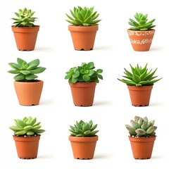 Fototapeta premium Various succulents in terracotta pots, white isolated background.