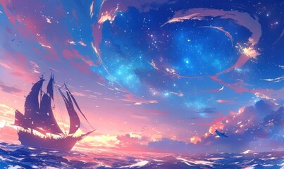 Celestial Voyage: Ship under Starry Sky and Ocean