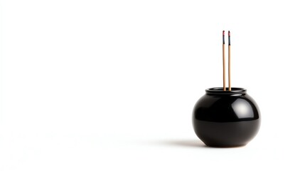 Black incense holder with sticks on a white isolated background.