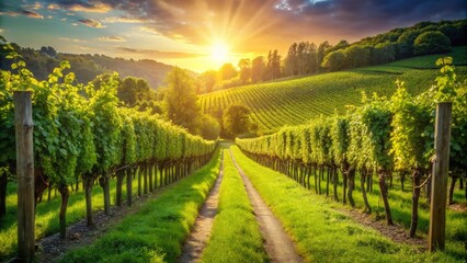 Naklejka premium Serene Vineyard Pathway: A Sunlit Journey Through Lush Green Vines