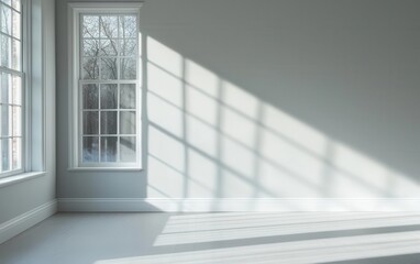 Fototapeta premium Intricate shadows cast by a window frame on an empty rooms floor, Shadow, Geometry and architecture