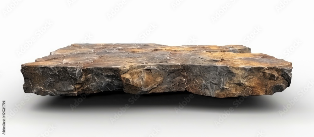 Poster an empty table with a stone top for grunge rock style set against a white background with a perspect