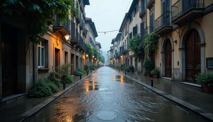 Obraz premium Rainy day in a charming European alleyway