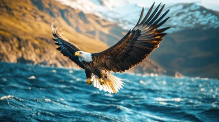 A bald eagle soaring above the surface of a lake or ocean