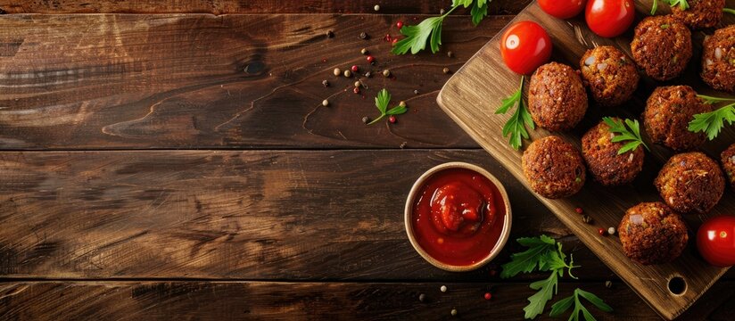 Wooden board with delectable falafel balls sauce and tomato on a bright backdrop with ample copy space image