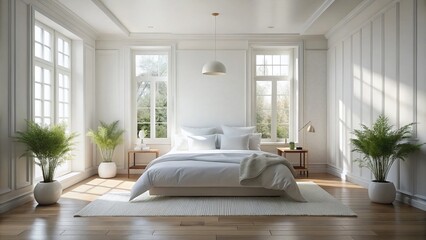 Serene White Bedroom: Minimalist Bed and Pillows in a Bright Room for Calming Home Decor Inspiration