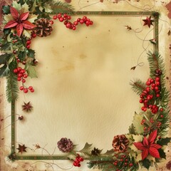 Festive Christmas border frame with red and green decorations, pine branches, and golden ornaments on a white background