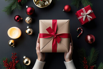 Female's hands in pullover holding Christmas gift box on background with Christmas presents and balls. Christmas and New Year concept. AI generated