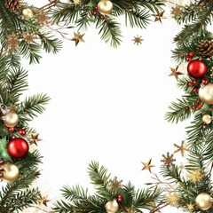Festive Christmas border frame with red and green decorations, pine branches, and golden ornaments on a white background