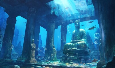 Underwater Ancient Ruins with Statue and Fish
