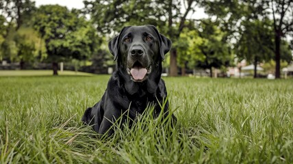 A black Labrador Retriever sitting amidst lush green grass in what appears to be a park or a garden