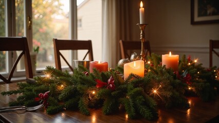 Obraz premium Photorealistic Close-Up of Christmas Garland on Dining Table with Candles, Holly, and Sparkling Lights in Soft Natural Daylight Creating Elegant Holiday Atmosphere