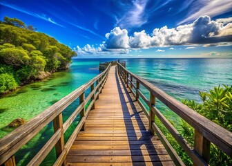 Fototapeta premium Serene Wooden Bridge by the Calming Sea - Urban Exploration Photography