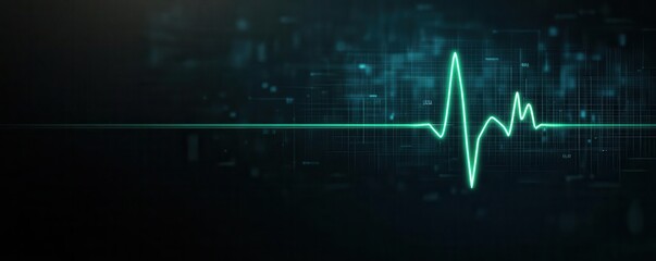 Minimal heartbeat monitor display, glowing green line, on a dark background