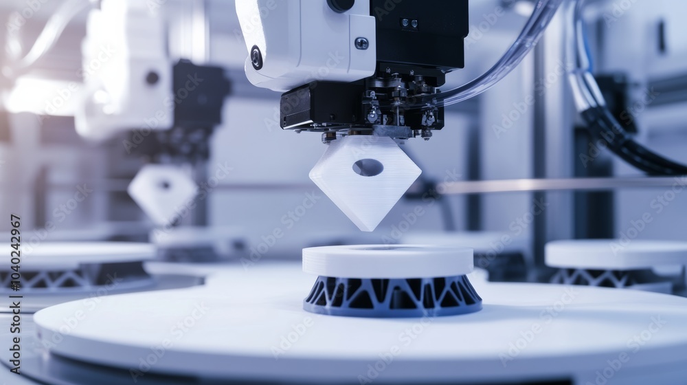 Aufkleber A robot performing intricate 3D printing tasks in a high-tech additive manufacturing lab with multiple printers, clean and precise environment, Printing-tech style