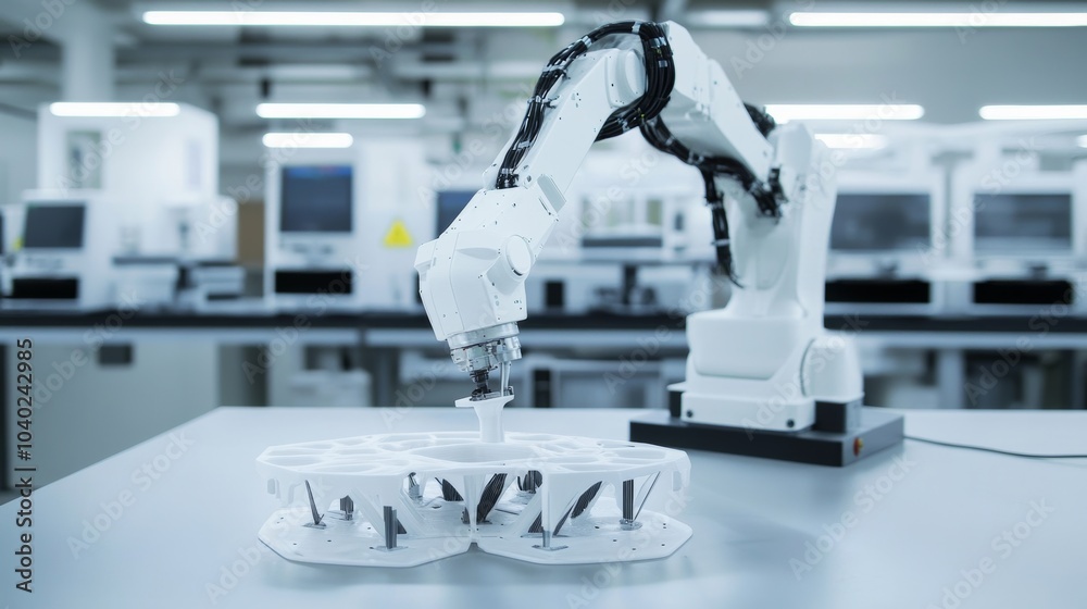 Aufkleber A robot performing intricate 3D printing tasks in a high-tech additive manufacturing lab with multiple printers, clean and precise environment, Printing-tech style