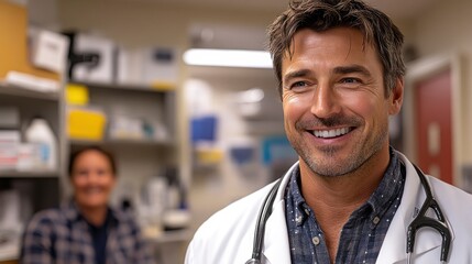 Fototapeta premium Friendly doctor smiling in a medical office environment