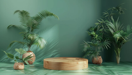 Obraz premium Tropical podium. Rustic green platform. Luxury natural stage background. Tropic beauty showcase display. Modern driftwood presentation backdrop. Forest cosmetic mockup show stand
