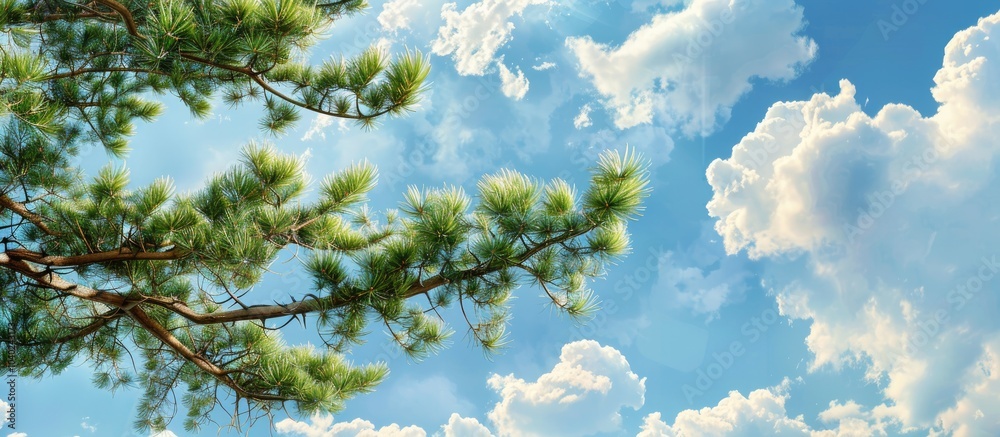 Wall mural a serene view of pine tree branches in bloom set against a scenic blue sky dotted with fluffy clouds