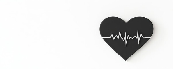 Simple heart silhouette with heartbeat waves running through it, white background