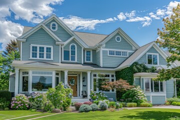 Obraz premium A residential building with a blue exterior and white window frames and trim