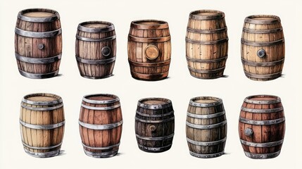 Stacked wooden barrels in a row, often used for storage or display