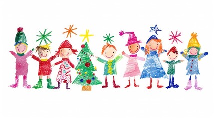Children's crayon drawing of Christmas theme in festive attire celebrating with Christmas tree.