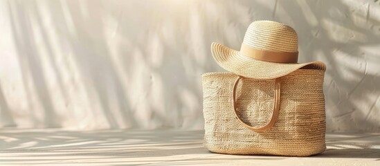 Summer holiday concept with a stylish beach bag including a straw hat perfect for a copy space image