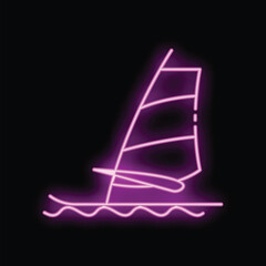 Glowing neon sign of a windsurfing board with sail on the sea at night