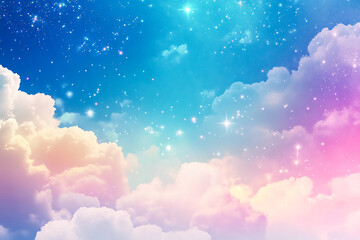 Dreamy Colorful Background with Sparkling Stars and Fluffy Clouds, Ideal for Fantasy Themes